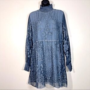 Soft Surroundings M  Dress 100% Silk Blue Overdye Embroidered Lace overlay short